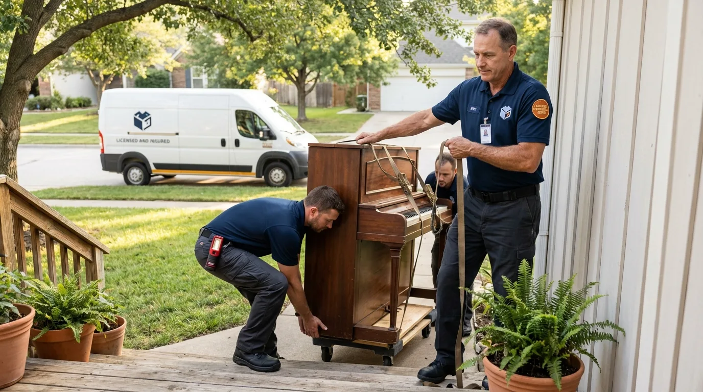 Licensed piano movers securing grand piano in Lebanon, NJ