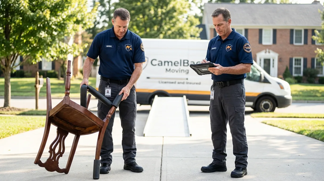 Movers inspecting furniture for damage prevention before loading in Lebanon, NJ