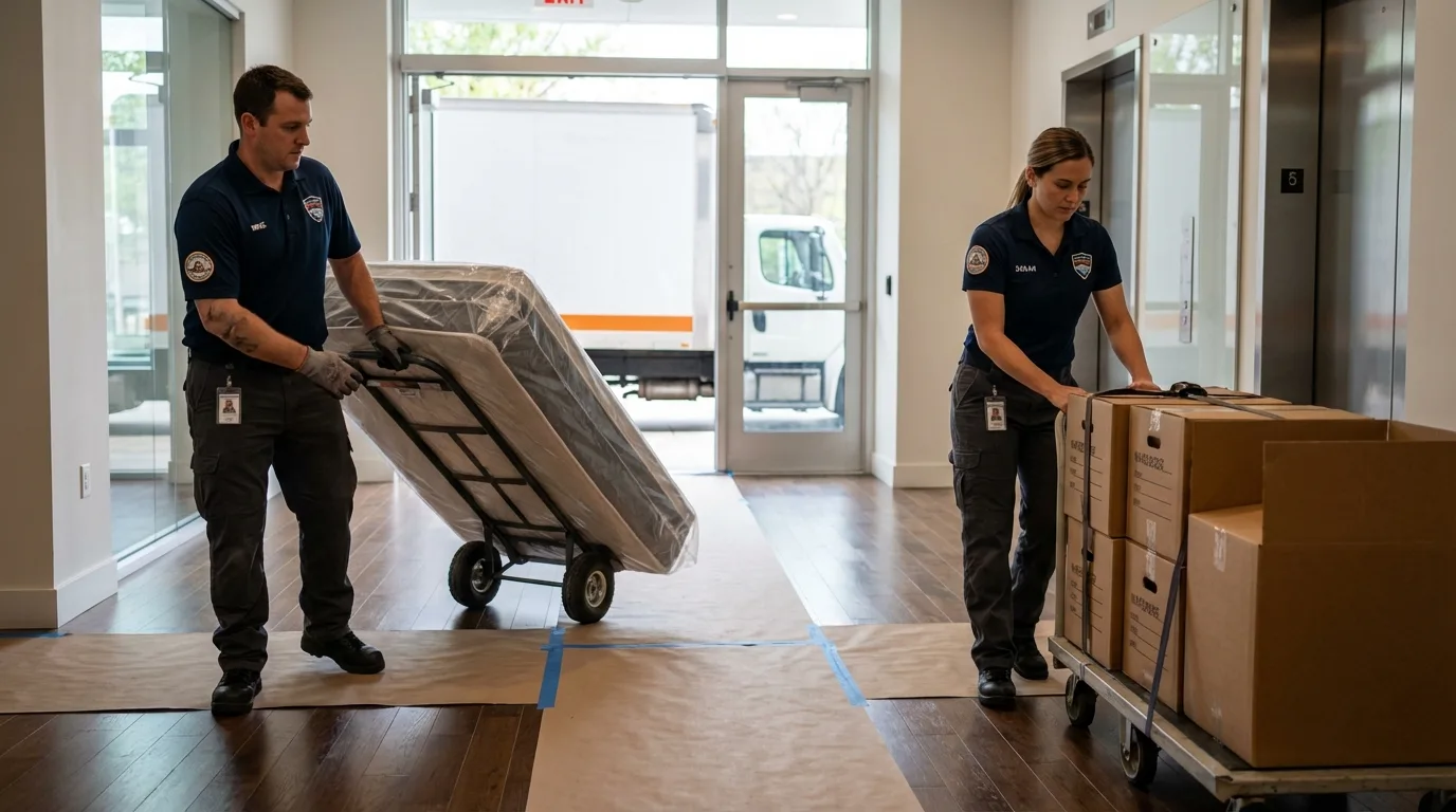 Professional apartment movers loading elevator in Lebanon, NJ