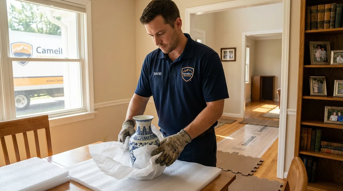 Professional crew carefully wrapping antique vase for senior downsizing move in Lebanon, NJ
